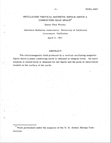 Wesley, J. P., Oscillating Vertical Magnetic Dipole Above a Conducting Half–Space, Abstract.